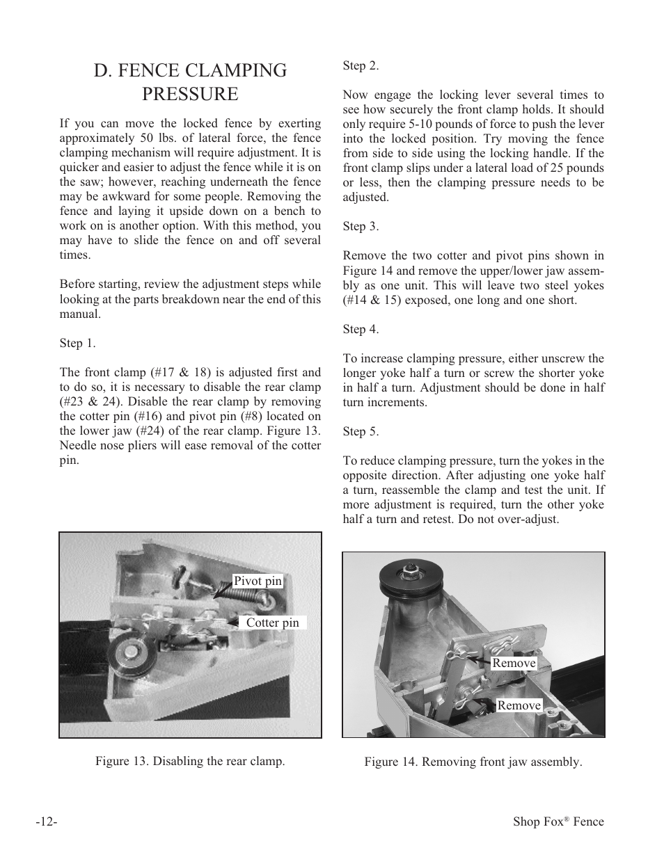 D. fence clamping pressure | Woodstock International Fox Fense W1410 User Manual | Page 13 / 29