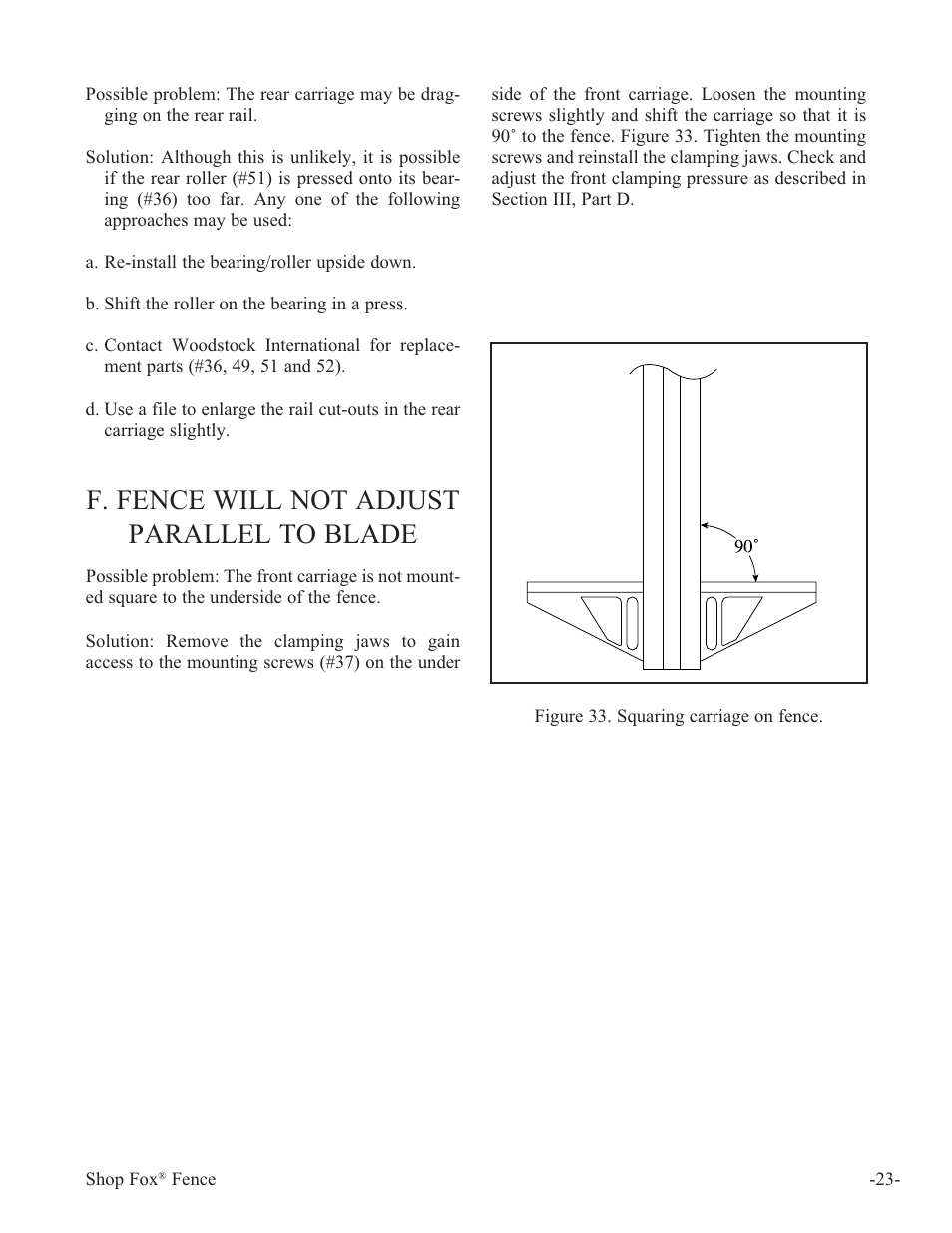 F. fence will not adjust parallel to blade | Woodstock International Fox Fense W1410 User Manual | Page 24 / 29