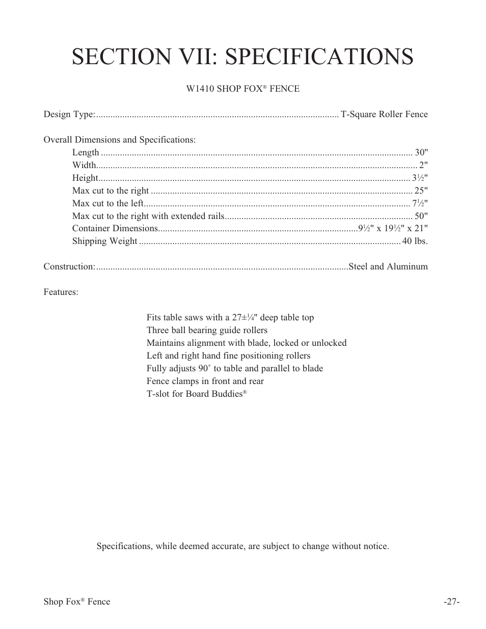 Woodstock International Fox Fense W1410 User Manual | Page 28 / 29