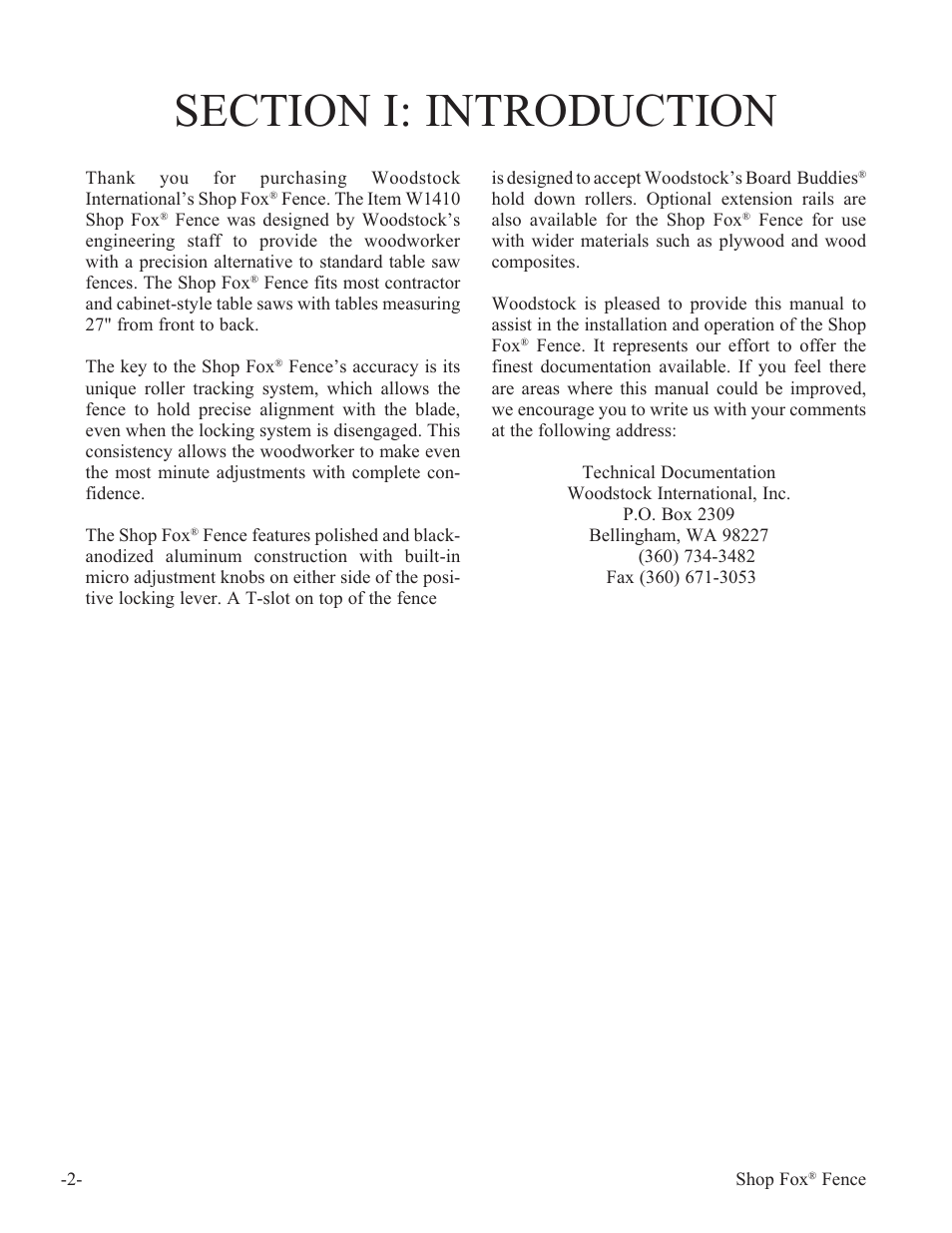 Woodstock International Fox Fense W1410 User Manual | Page 3 / 29