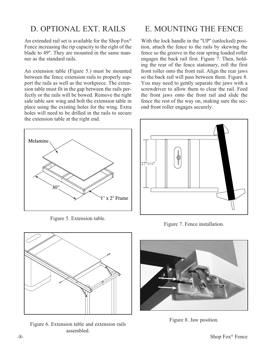 D. optional ext. rails, E. mounting the fence | Woodstock International Fox Fense W1410 User Manual | Page 9 / 29