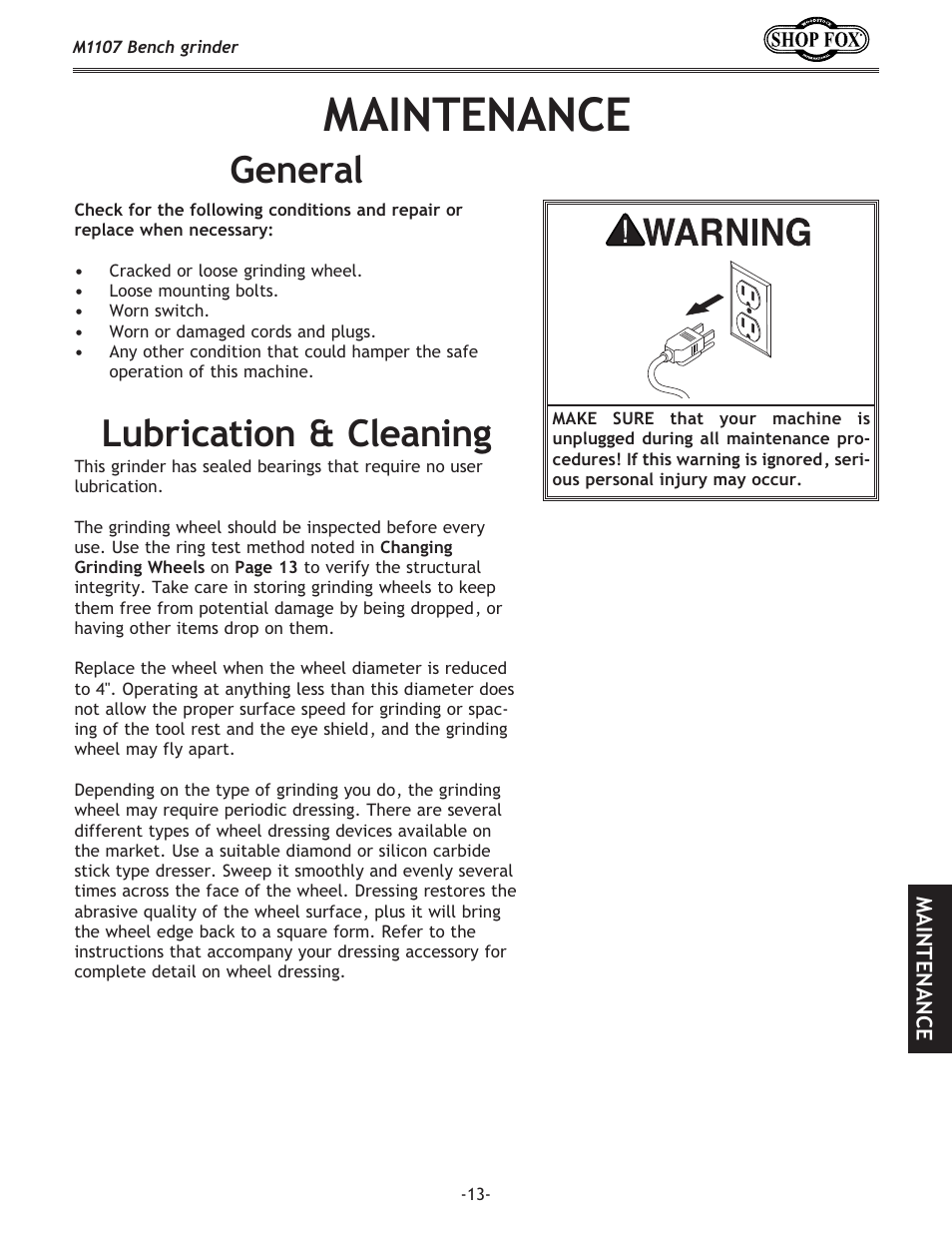 Maintenance, Lubrication & cleaning general | Woodstock M1107 User Manual | Page 15 / 24