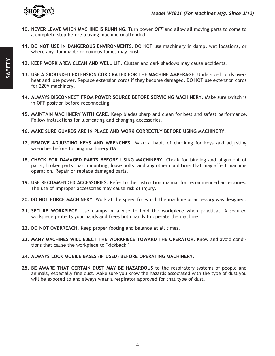 Sa fe t y | Woodstock SHOP FOX W1821 User Manual | Page 6 / 28