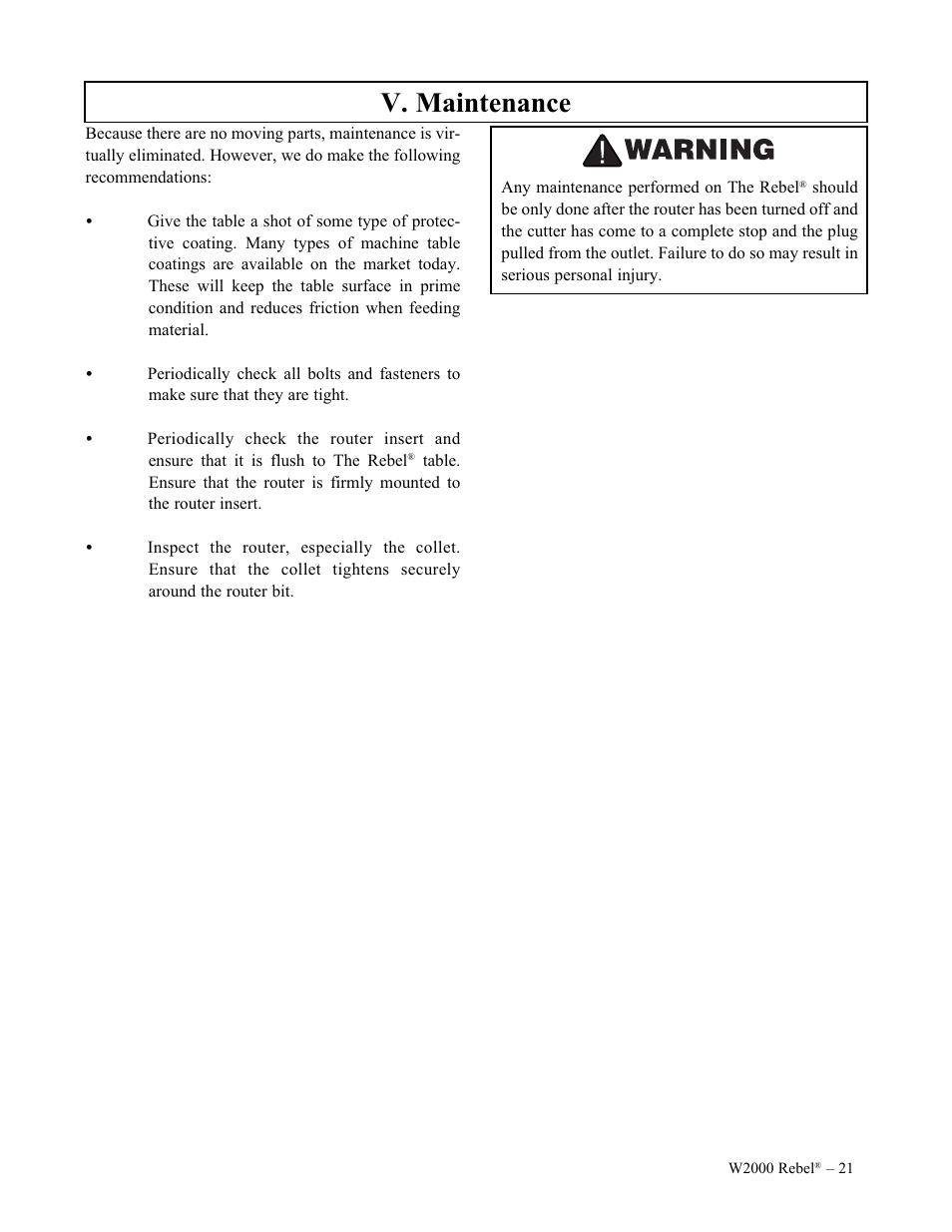 V. maintenance | Woodstock W2000 User Manual | Page 22 / 25