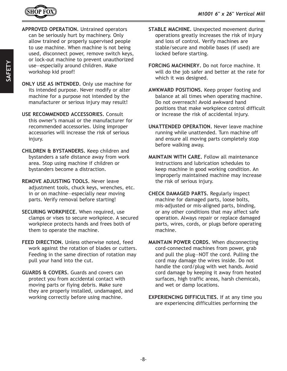 Woodstock SHOP FOX M1001 User Manual | Page 10 / 44