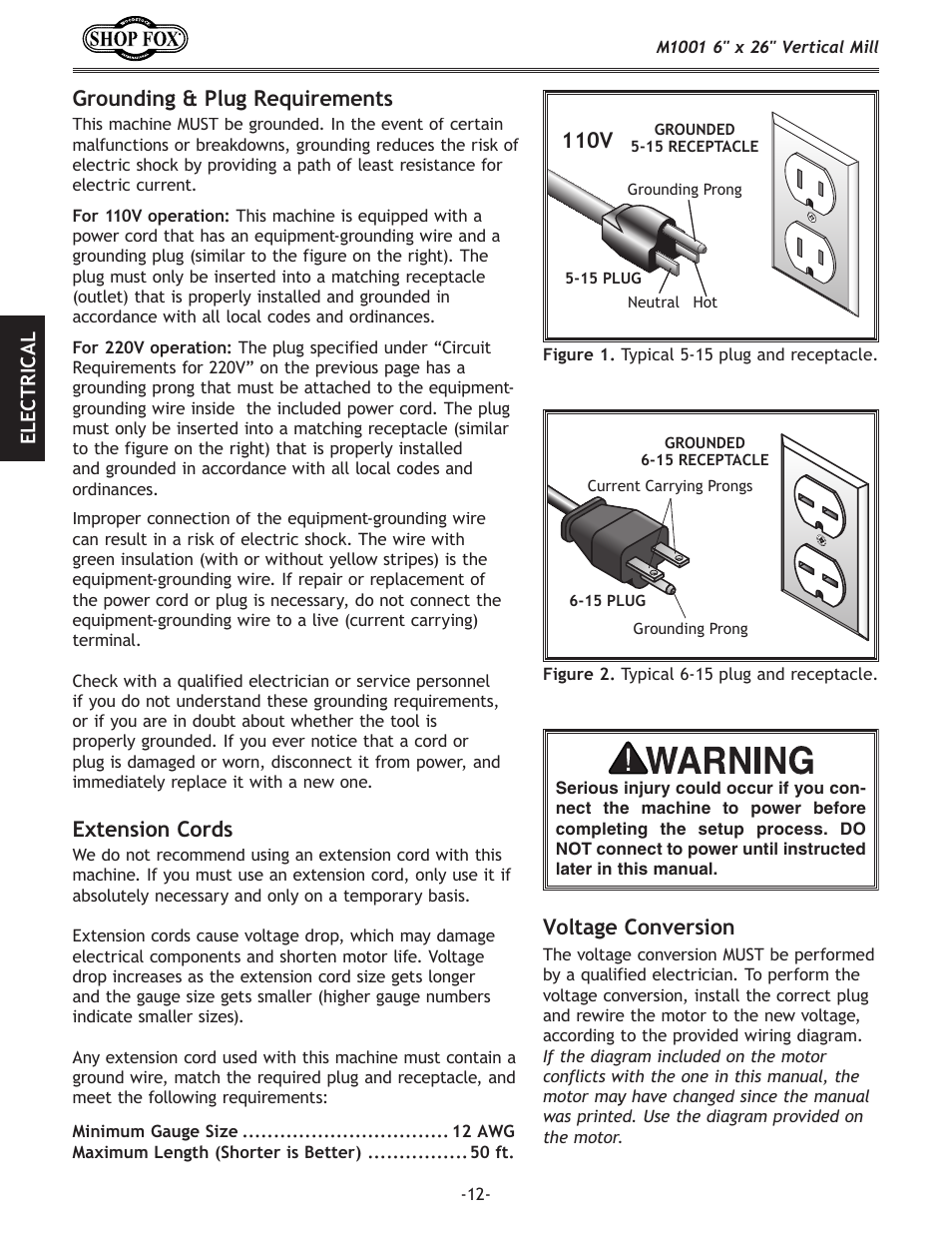 Grounding & plug requirements, 110v, Extension cords | Voltage conversion | Woodstock SHOP FOX M1001 User Manual | Page 14 / 44