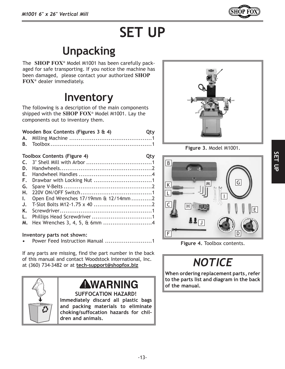 Set up, Unpacking, Notice | Inventory | Woodstock SHOP FOX M1001 User Manual | Page 15 / 44