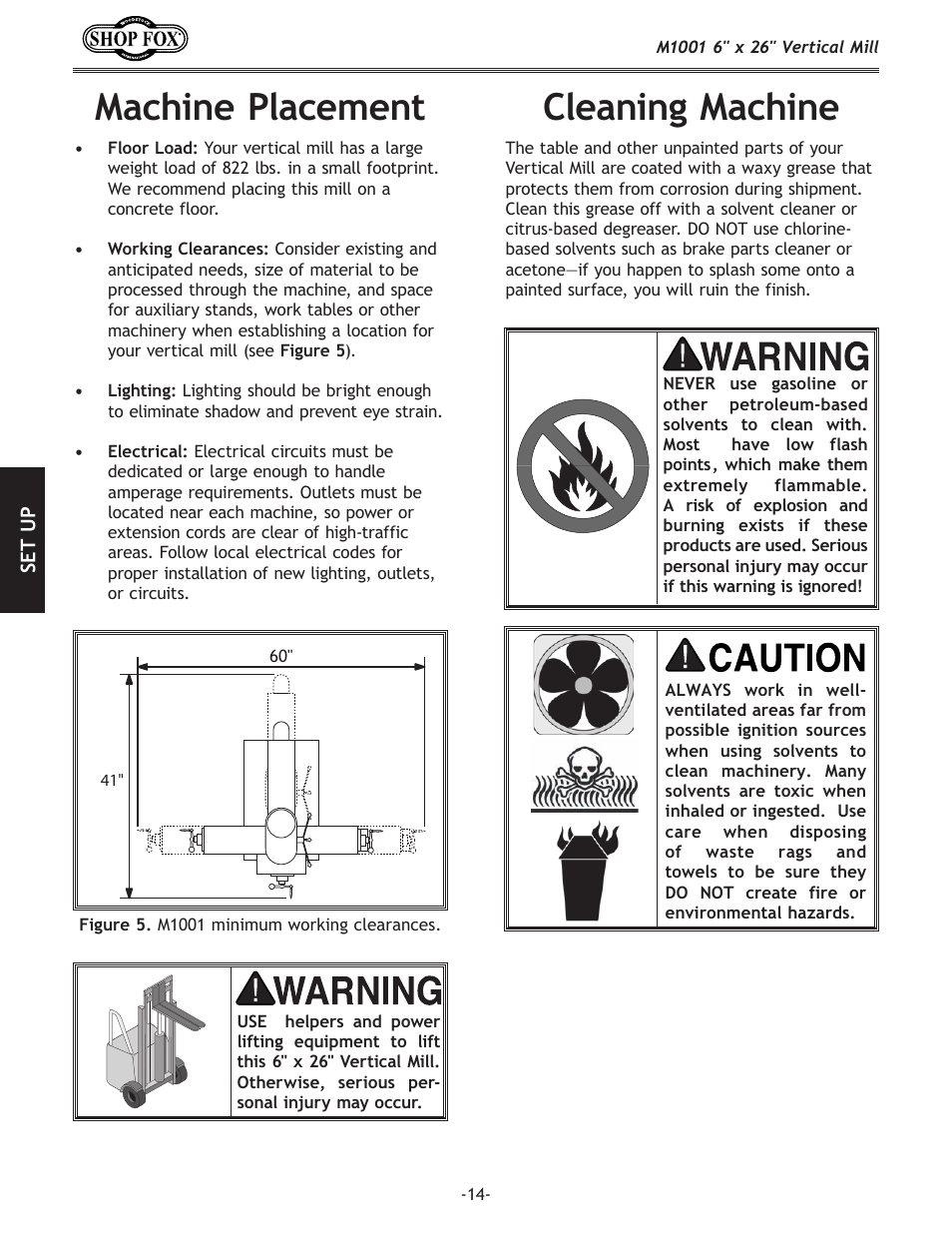 Cleaning machine, Machine placement | Woodstock SHOP FOX M1001 User Manual | Page 16 / 44