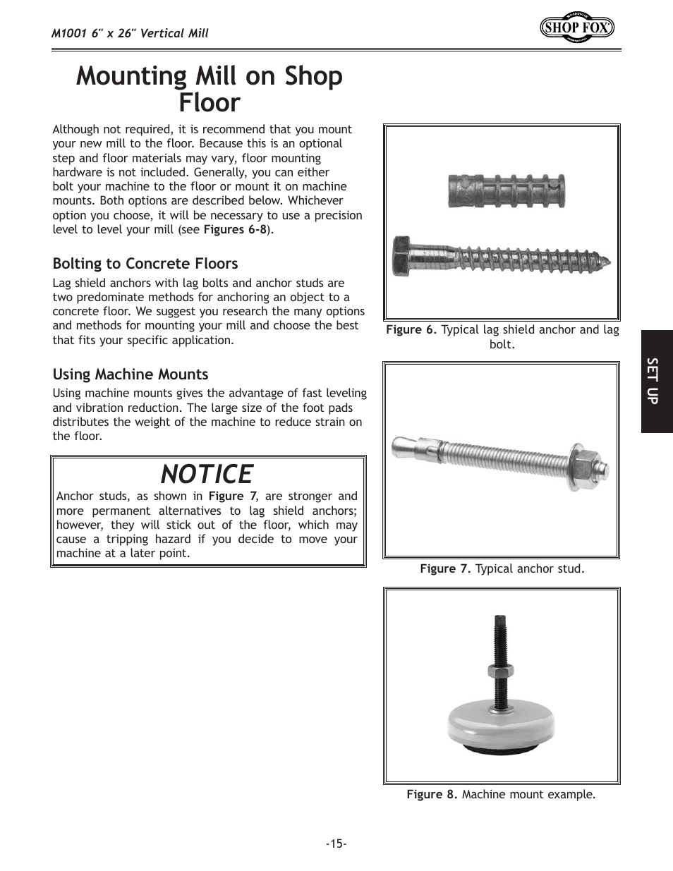 Mounting mill on shop floor, Notice | Woodstock SHOP FOX M1001 User Manual | Page 17 / 44
