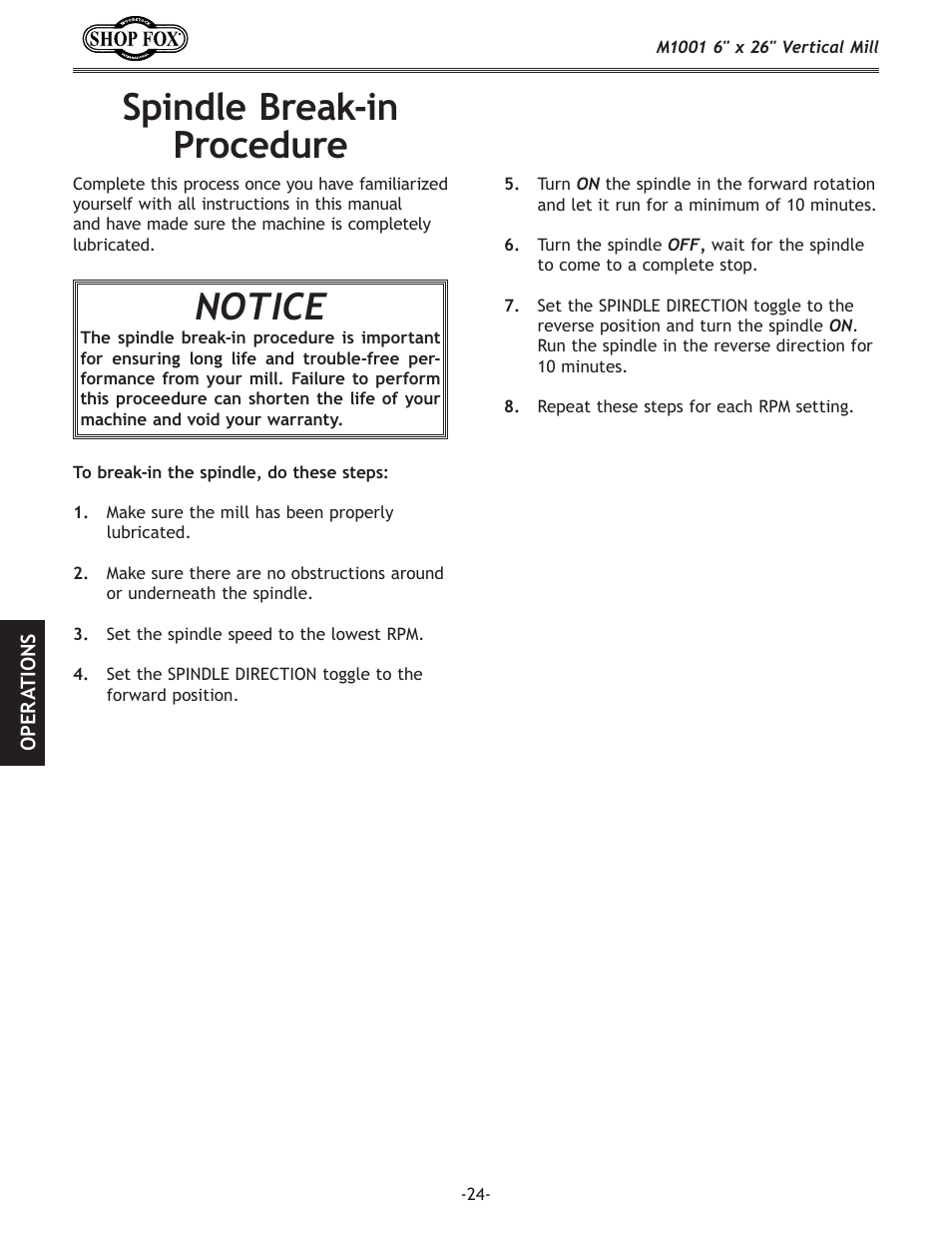 Spindle break-in procedure, Notice | Woodstock SHOP FOX M1001 User Manual | Page 26 / 44