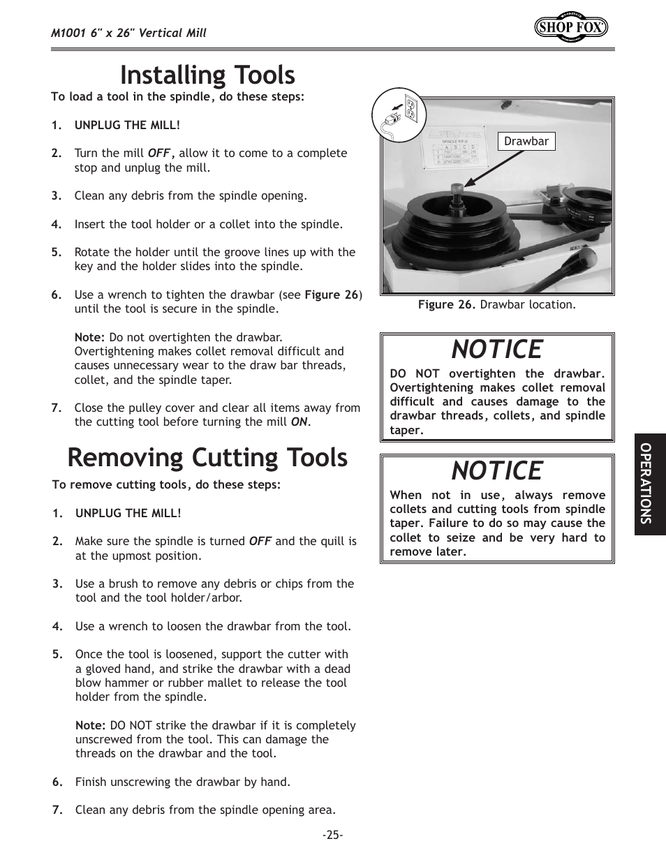 Installing tools, Removing cutting tools, Notice | Woodstock SHOP FOX M1001 User Manual | Page 27 / 44