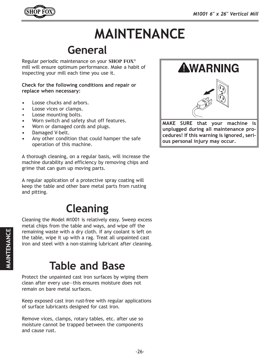 Maintenance, Table and base cleaning general | Woodstock SHOP FOX M1001 User Manual | Page 28 / 44