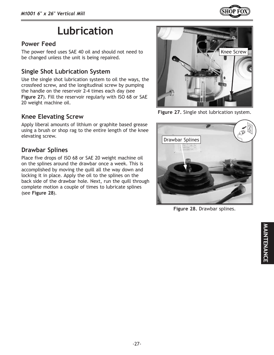 Lubrication | Woodstock SHOP FOX M1001 User Manual | Page 29 / 44
