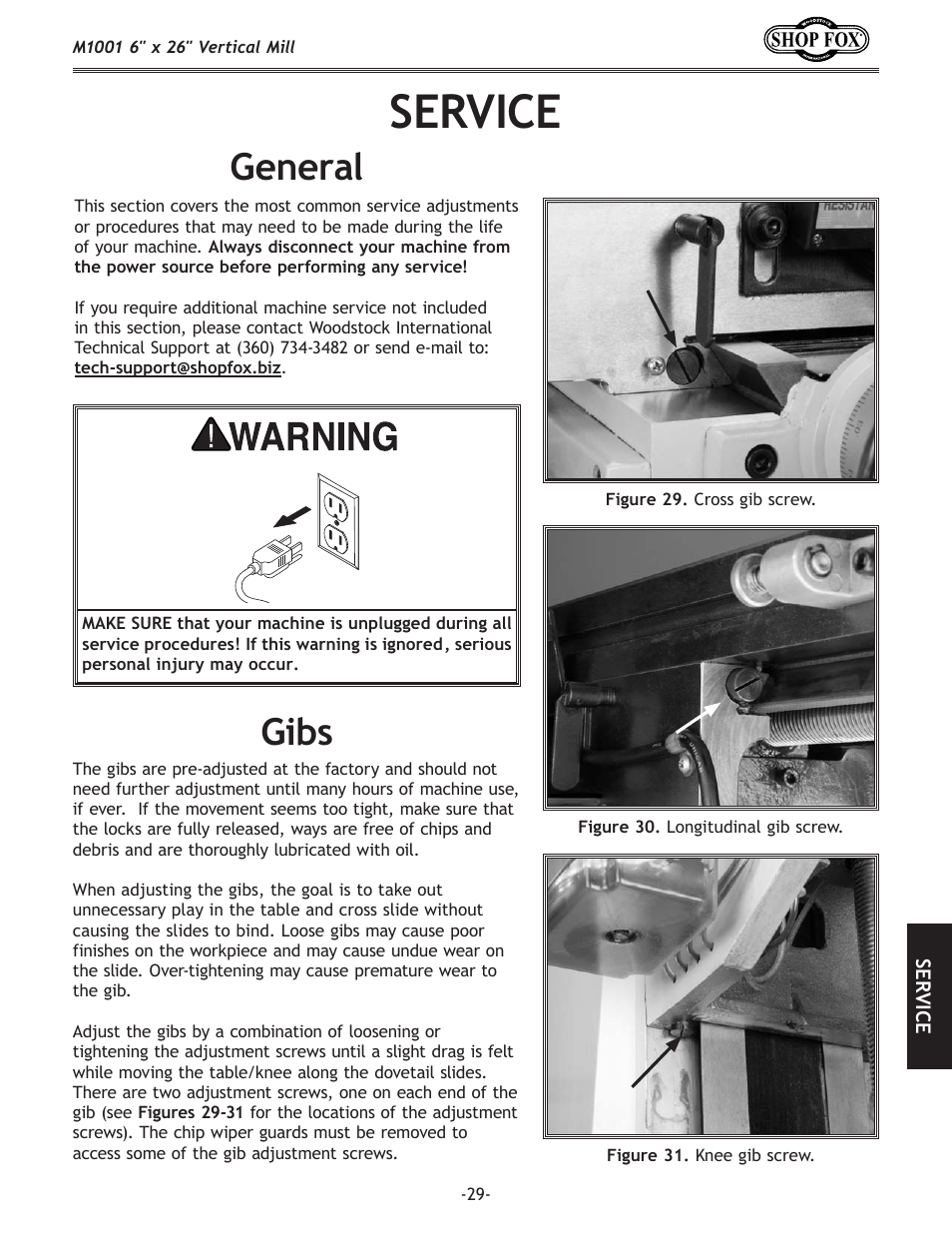 Service, General, Gibs | Woodstock SHOP FOX M1001 User Manual | Page 31 / 44
