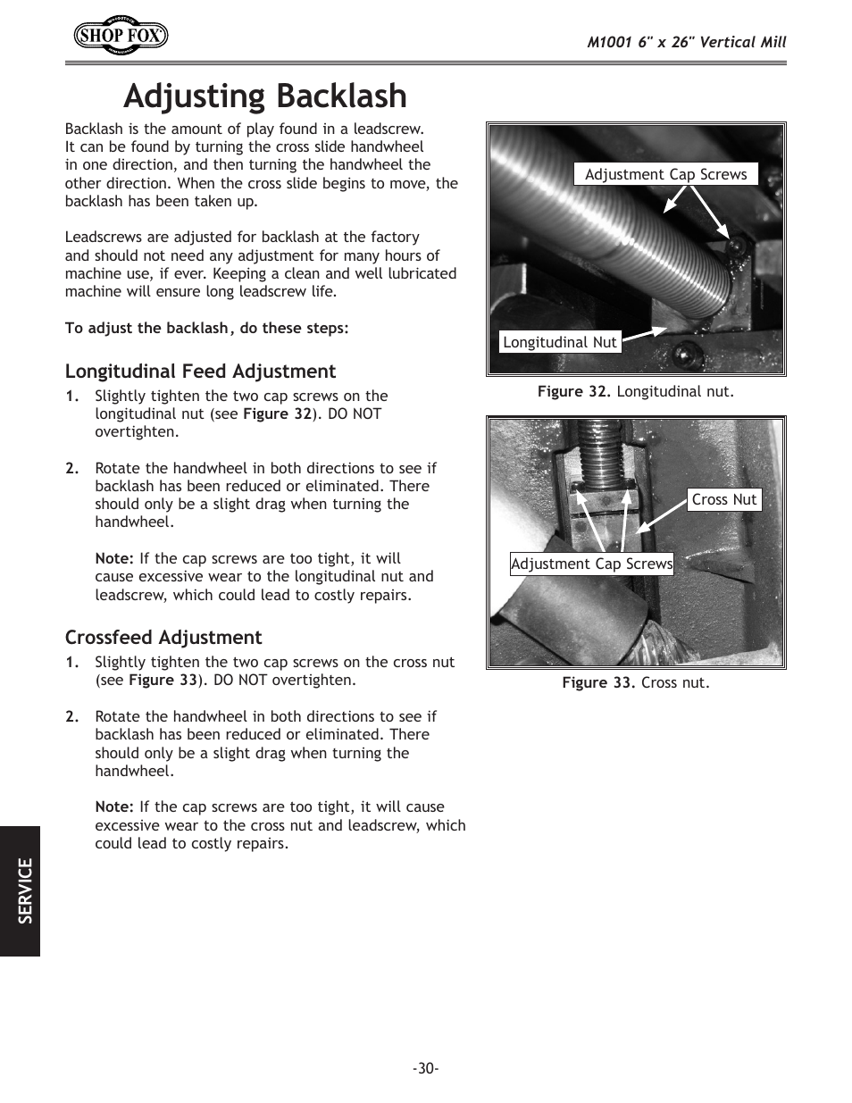 Adjusting backlash | Woodstock SHOP FOX M1001 User Manual | Page 32 / 44