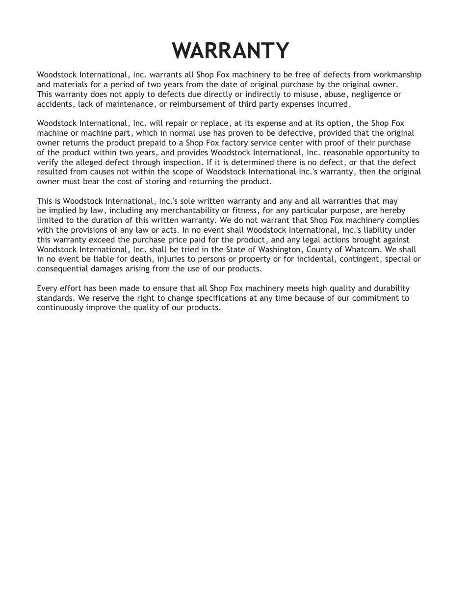 Warranty | Woodstock SHOP FOX M1001 User Manual | Page 42 / 44