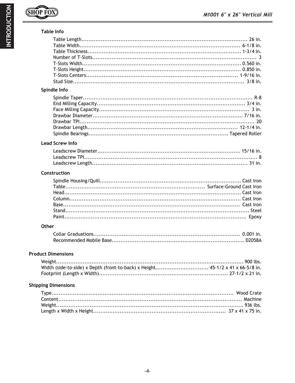 Woodstock SHOP FOX M1001 User Manual | Page 6 / 44