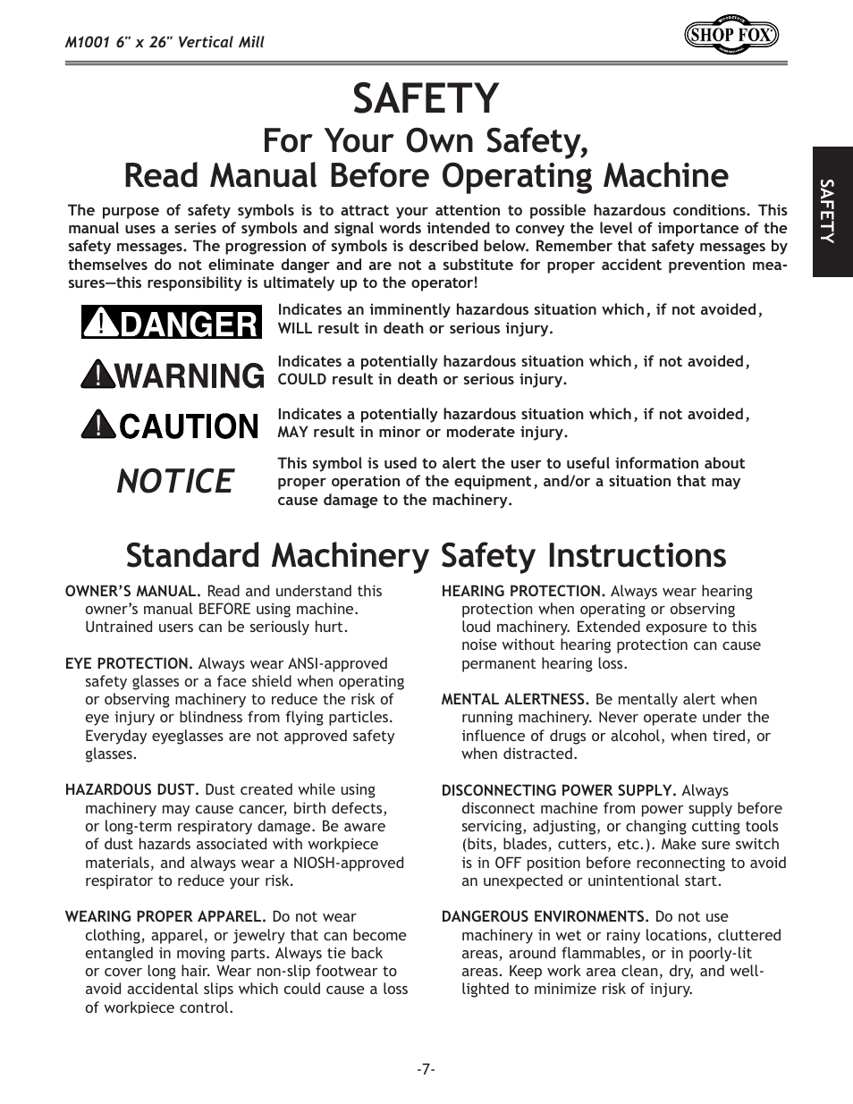 Safety, Notice, Standard machinery safety instructions | Woodstock SHOP FOX M1001 User Manual | Page 9 / 44