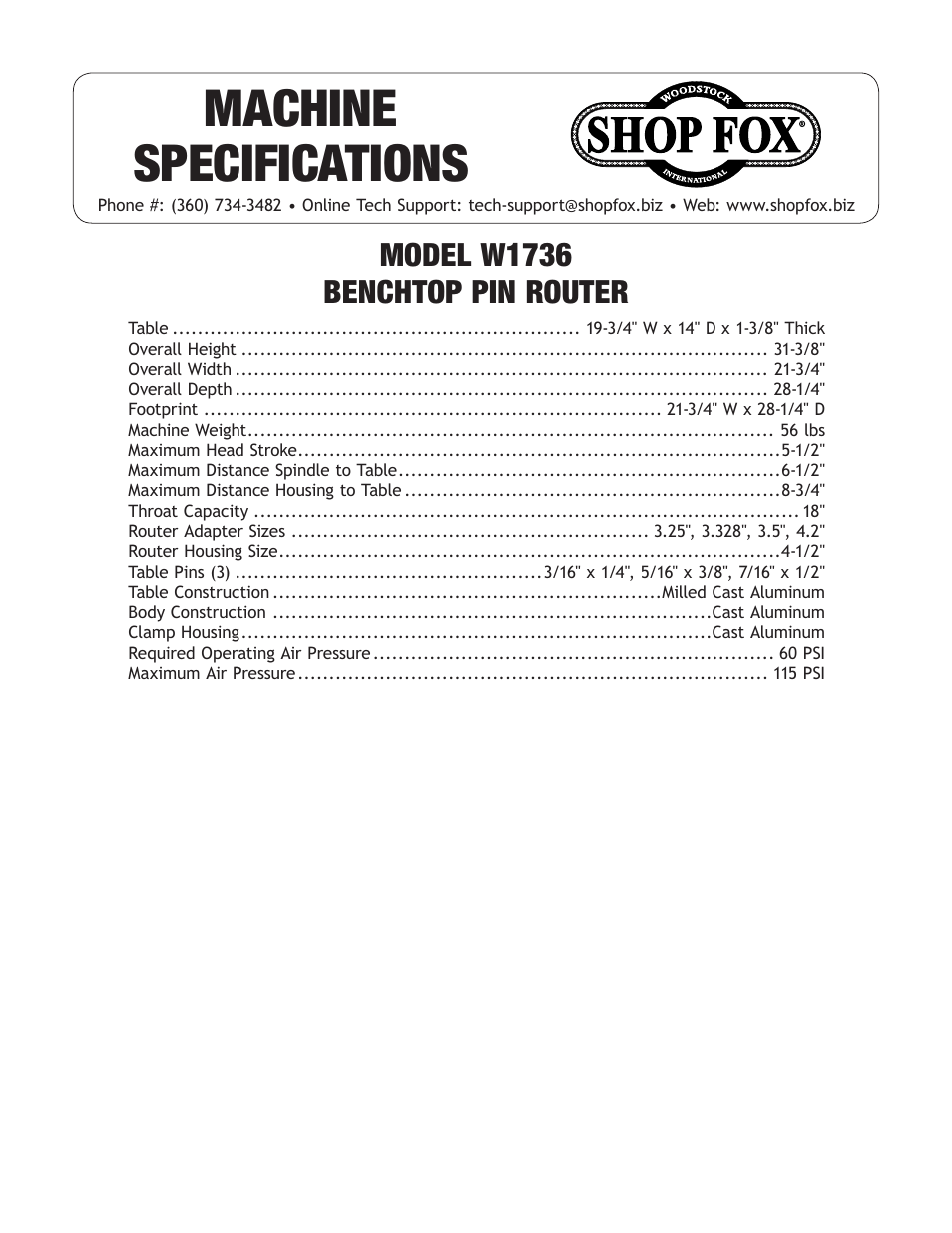 Woodstock SHOP FOX W1736 User Manual | 1 page