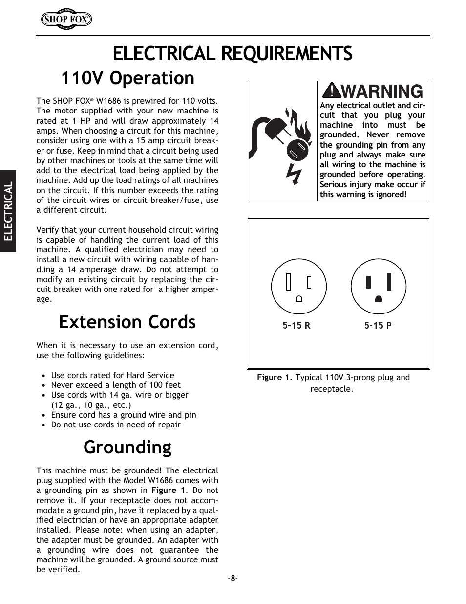 Electrical requirements, Extension cords, Grounding | 110v operation | Woodstock SHOP FOX W1686 User Manual | Page 10 / 38