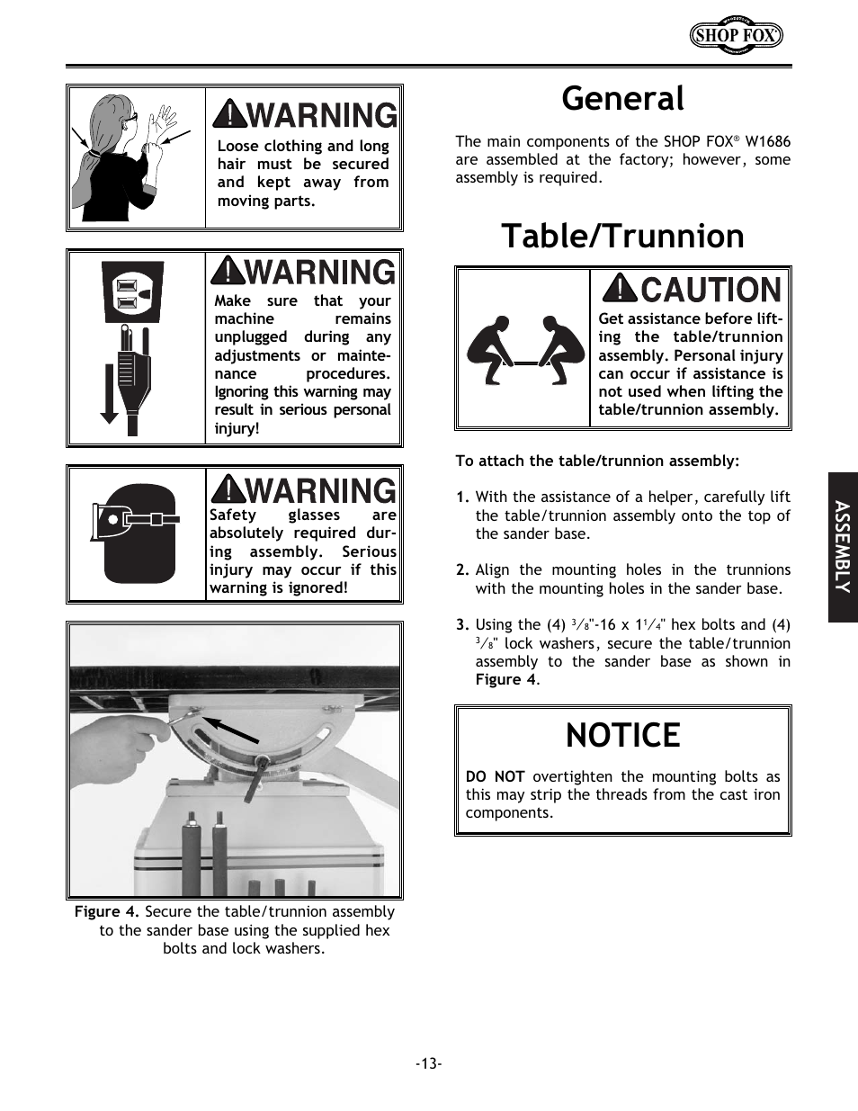 General, Table/trunnion, Notice | Assembly | Woodstock SHOP FOX W1686 User Manual | Page 15 / 38