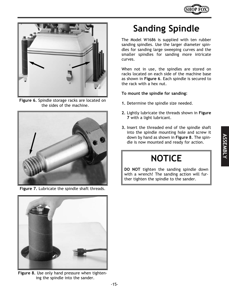 Sanding spindle, Notice | Woodstock SHOP FOX W1686 User Manual | Page 17 / 38