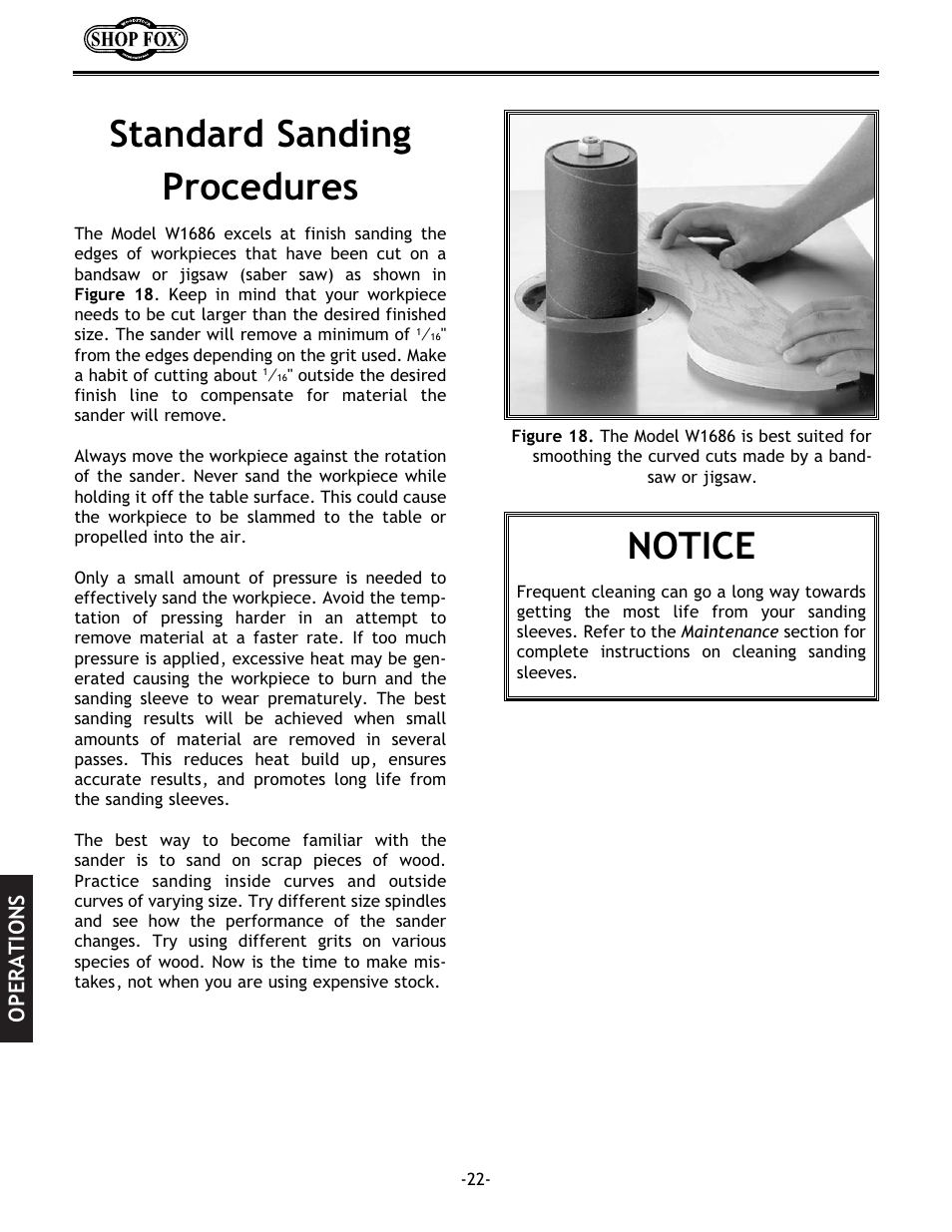 Notice, Standard sanding procedures | Woodstock SHOP FOX W1686 User Manual | Page 24 / 38