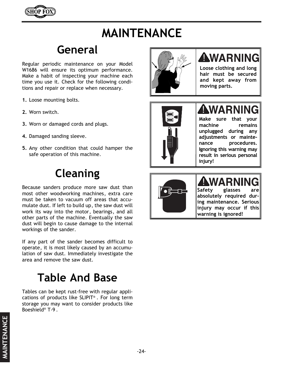 Maintenance, General, Table and base | Cleaning | Woodstock SHOP FOX W1686 User Manual | Page 26 / 38