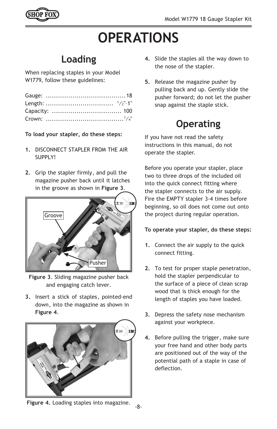 Operations, Loading, Operating | Woodstock 18 GAUGE STAPLER KIT W1779 User Manual | Page 10 / 20