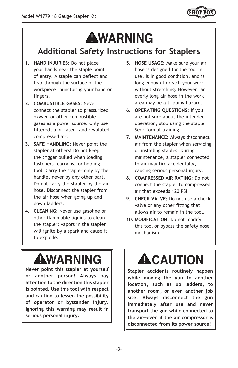 Additional safety instructions for staplers | Woodstock 18 GAUGE STAPLER KIT W1779 User Manual | Page 5 / 20