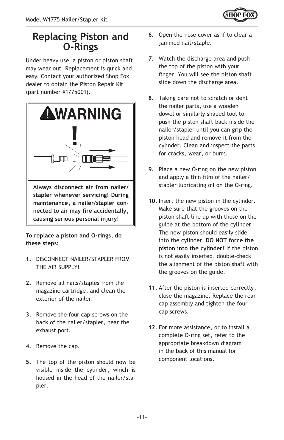Replacing piston and o-rings | Woodstock NAILER/STAPLER KIT W1775 User Manual | Page 13 / 20