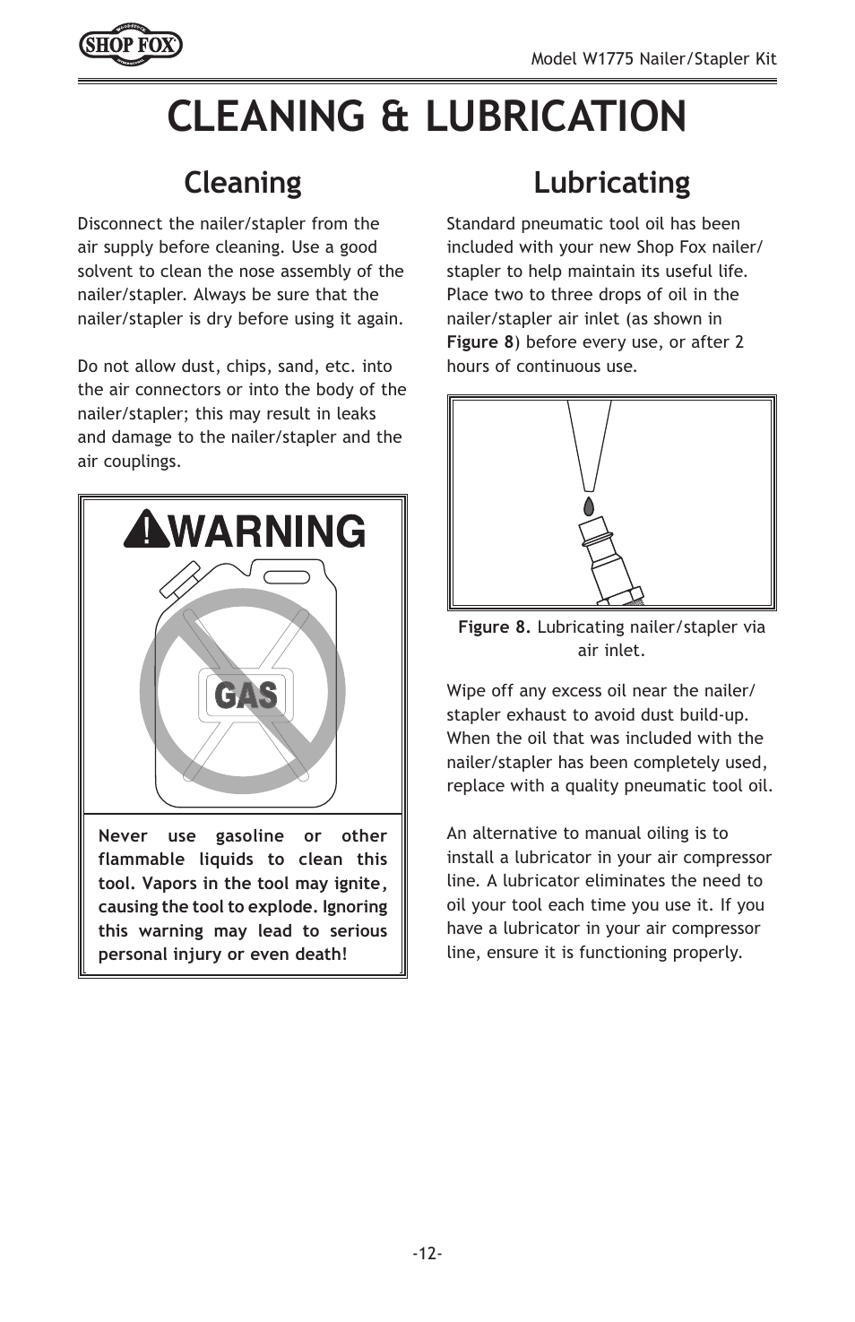 Cleaning & lubrication, Cleaning, Lubricating | Woodstock NAILER/STAPLER KIT W1775 User Manual | Page 14 / 20