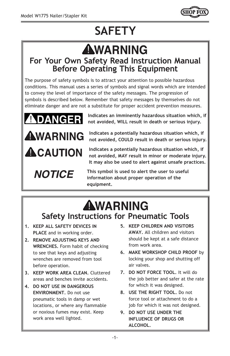 Safety, Notice, Safety instructions for pneumatic tools | Woodstock NAILER/STAPLER KIT W1775 User Manual | Page 3 / 20