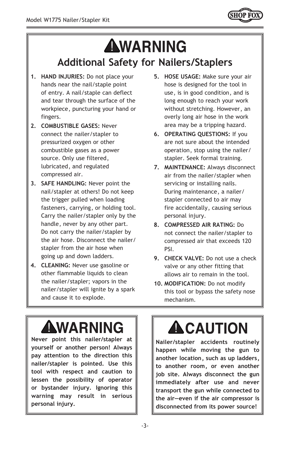 Additional safety for nailers/staplers | Woodstock NAILER/STAPLER KIT W1775 User Manual | Page 5 / 20