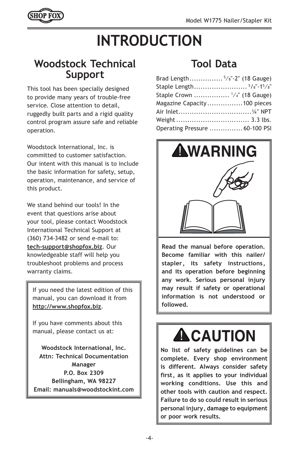 Introduction, Woodstock technical support tool data | Woodstock NAILER/STAPLER KIT W1775 User Manual | Page 6 / 20