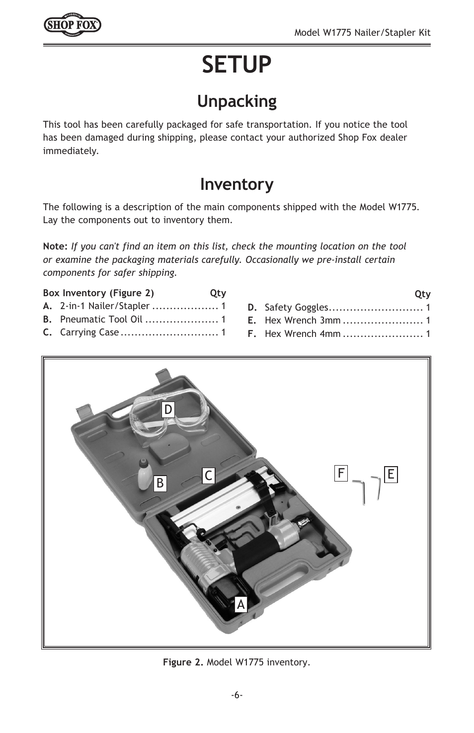 Setup, Inventory, Unpacking | Woodstock NAILER/STAPLER KIT W1775 User Manual | Page 8 / 20