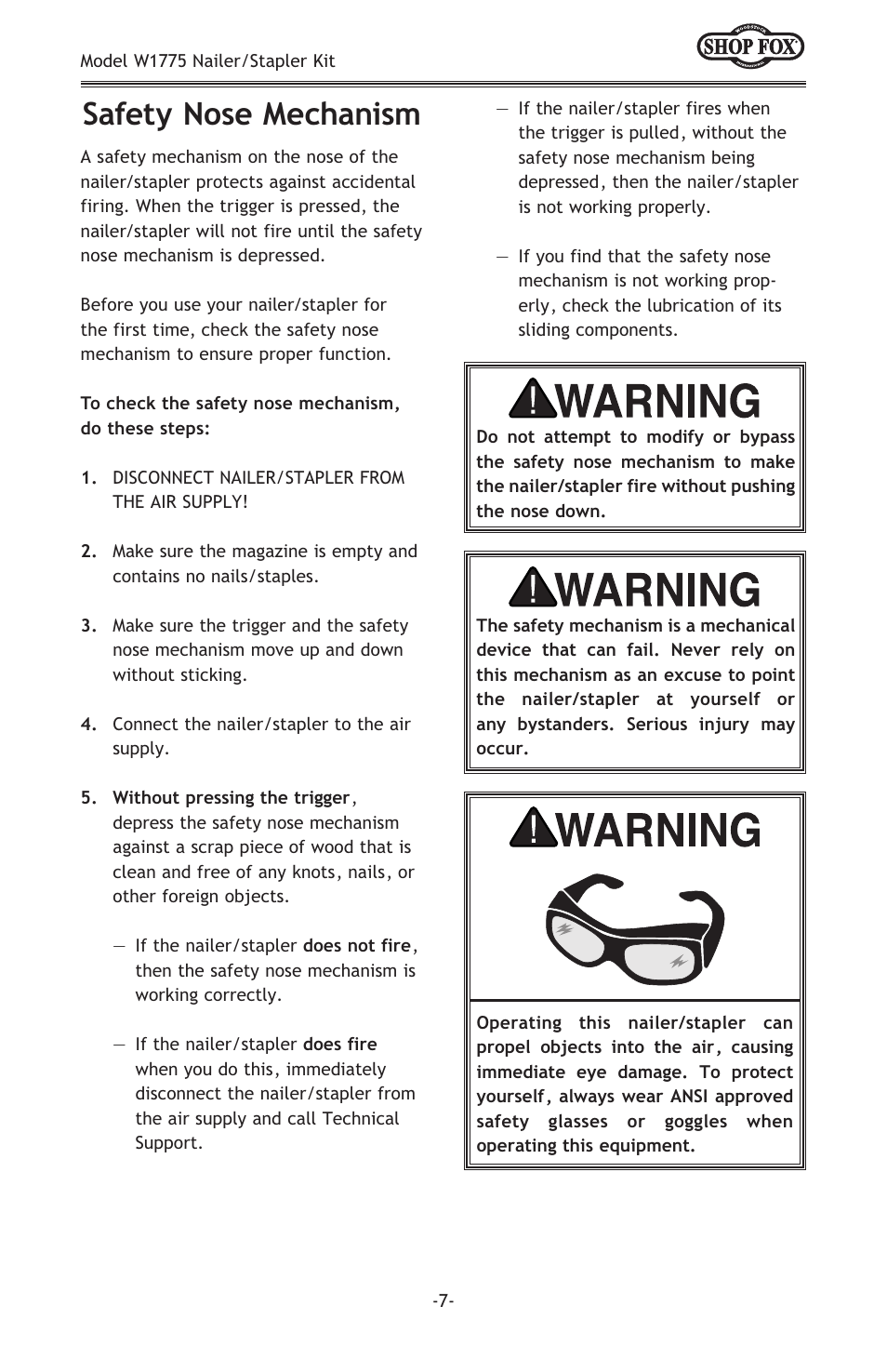 Safety nose mechanism | Woodstock NAILER/STAPLER KIT W1775 User Manual | Page 9 / 20