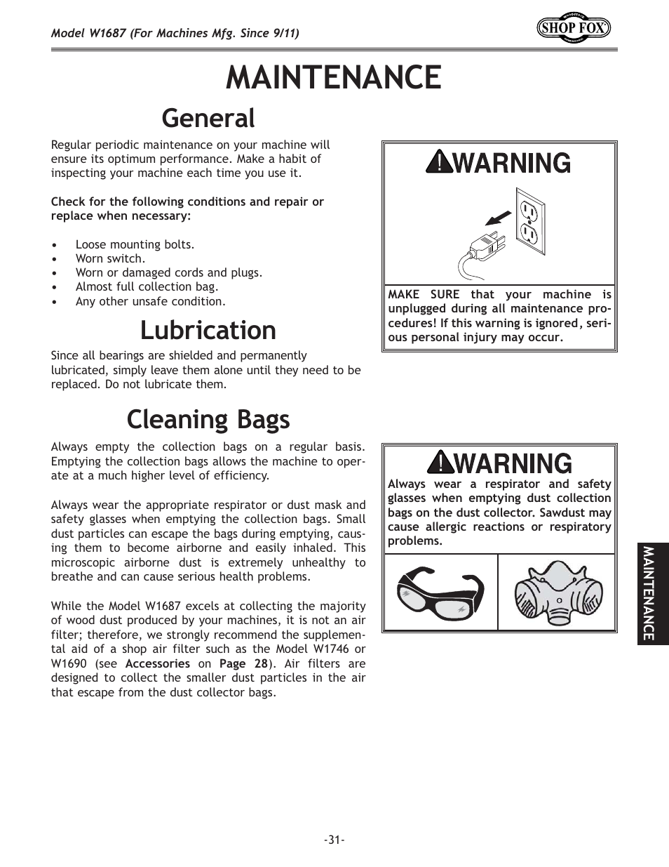 D8@ek<e8e, Clyi`zxk`fe, E\ixc | C\xe`e^9x^j | Woodstock SHOP FOX W1687 User Manual | Page 33 / 44