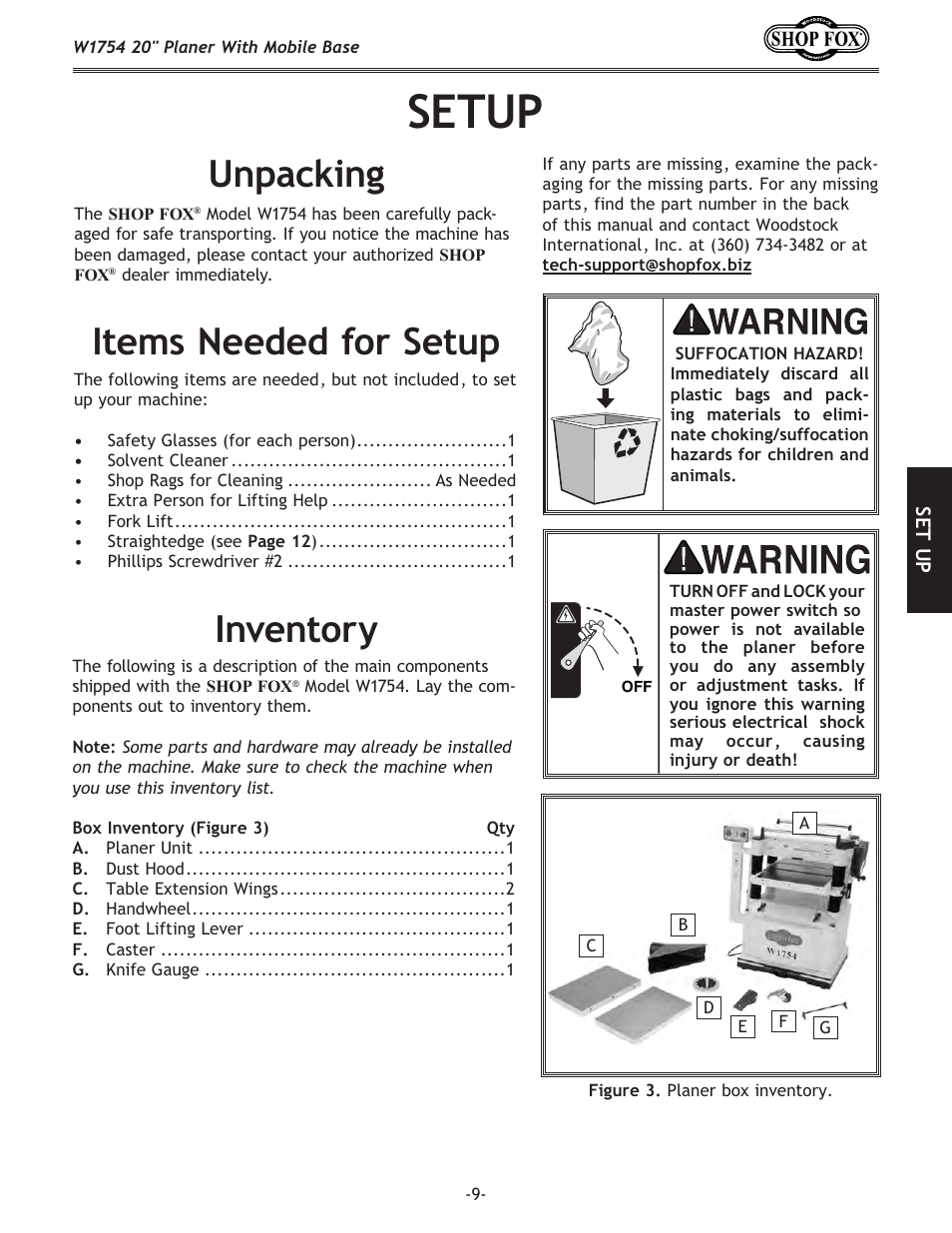 Setup, Unpacking, Inventory | Items needed for setup | Woodstock SHOP FOX W1754 User Manual | Page 11 / 60