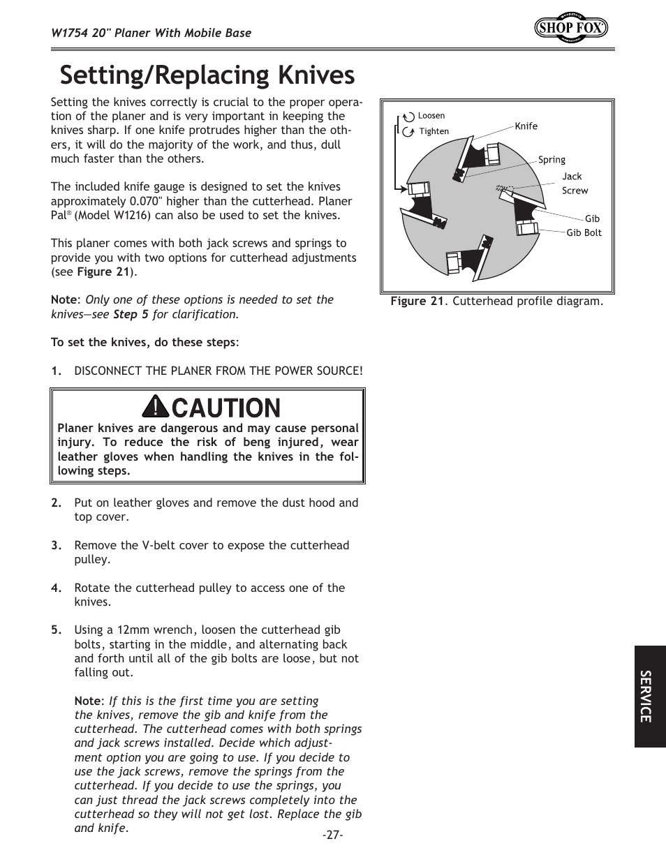 Setting/replacing knives | Woodstock SHOP FOX W1754 User Manual | Page 29 / 60