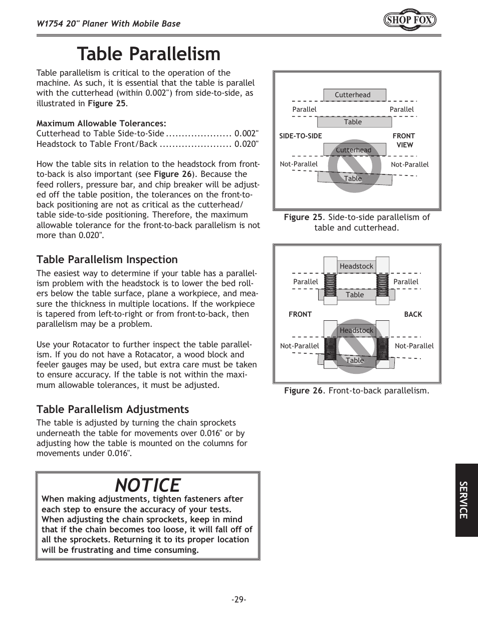 Table parallelism, Notice, Table parallelism inspection | Table parallelism adjustments | Woodstock SHOP FOX W1754 User Manual | Page 31 / 60