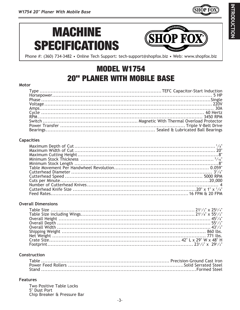 Woodstock SHOP FOX W1754 User Manual | Page 5 / 60