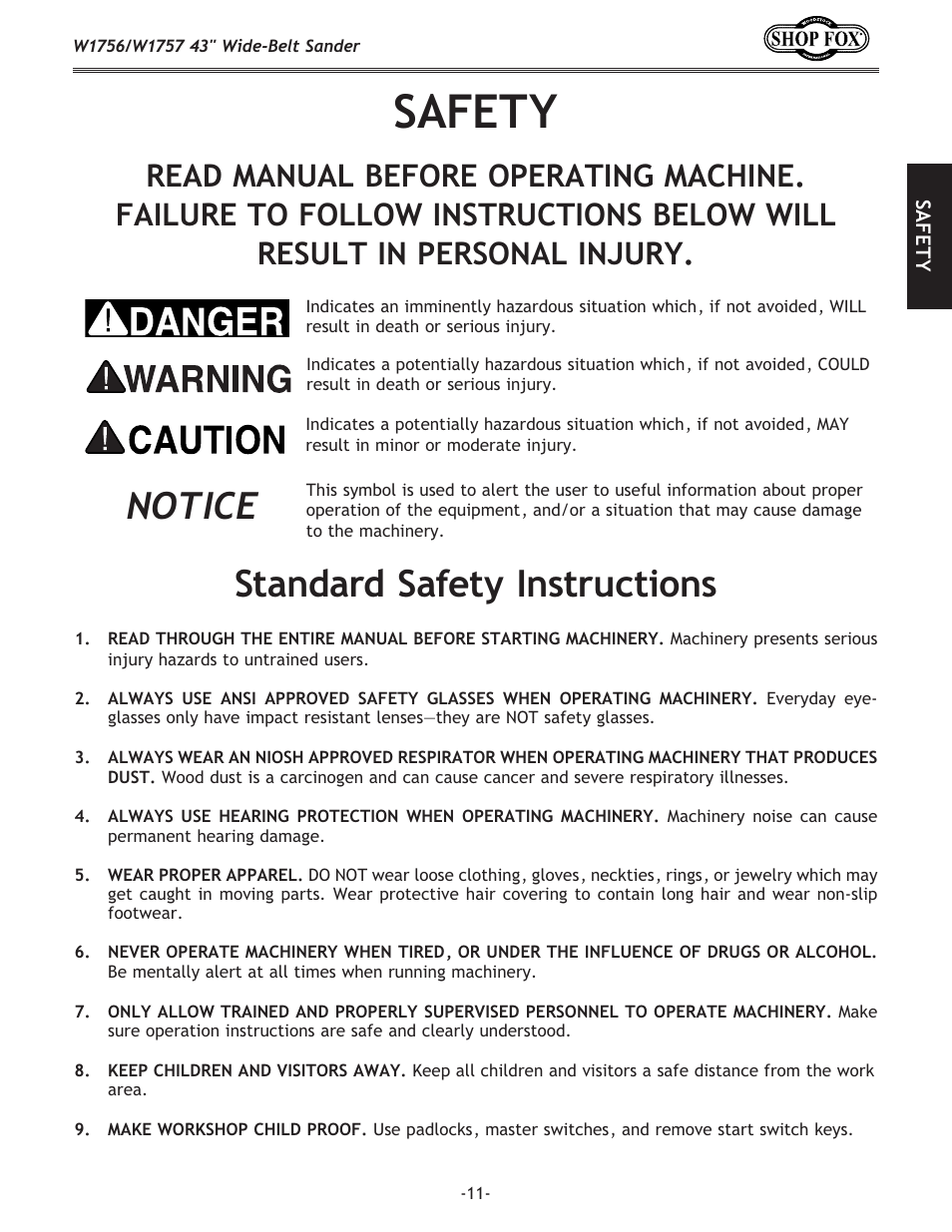 Safety, Standard safety instructions, Notice | Woodstock SHOP FOX W1756 User Manual | Page 13 / 84