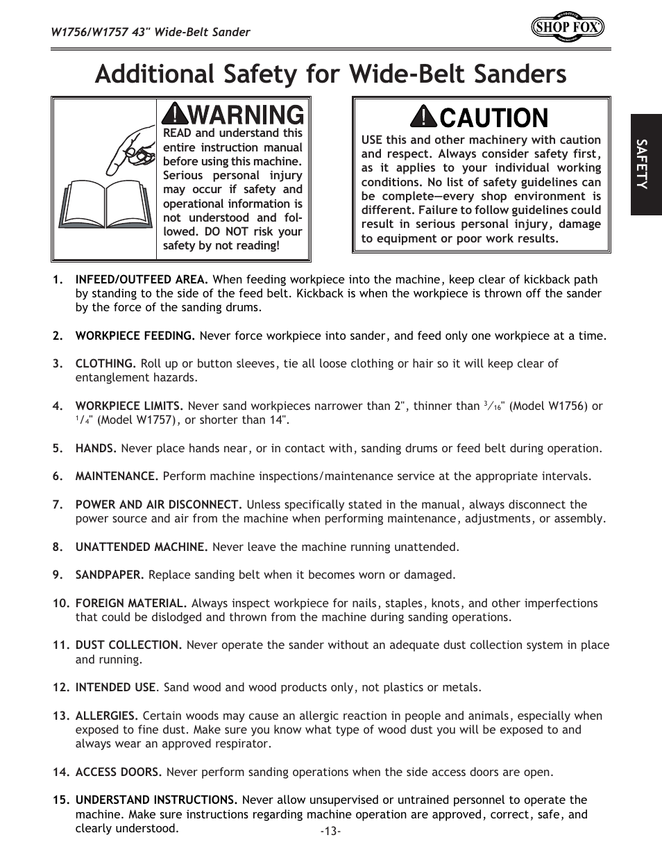 Additional safety for wide-belt sanders | Woodstock SHOP FOX W1756 User Manual | Page 15 / 84