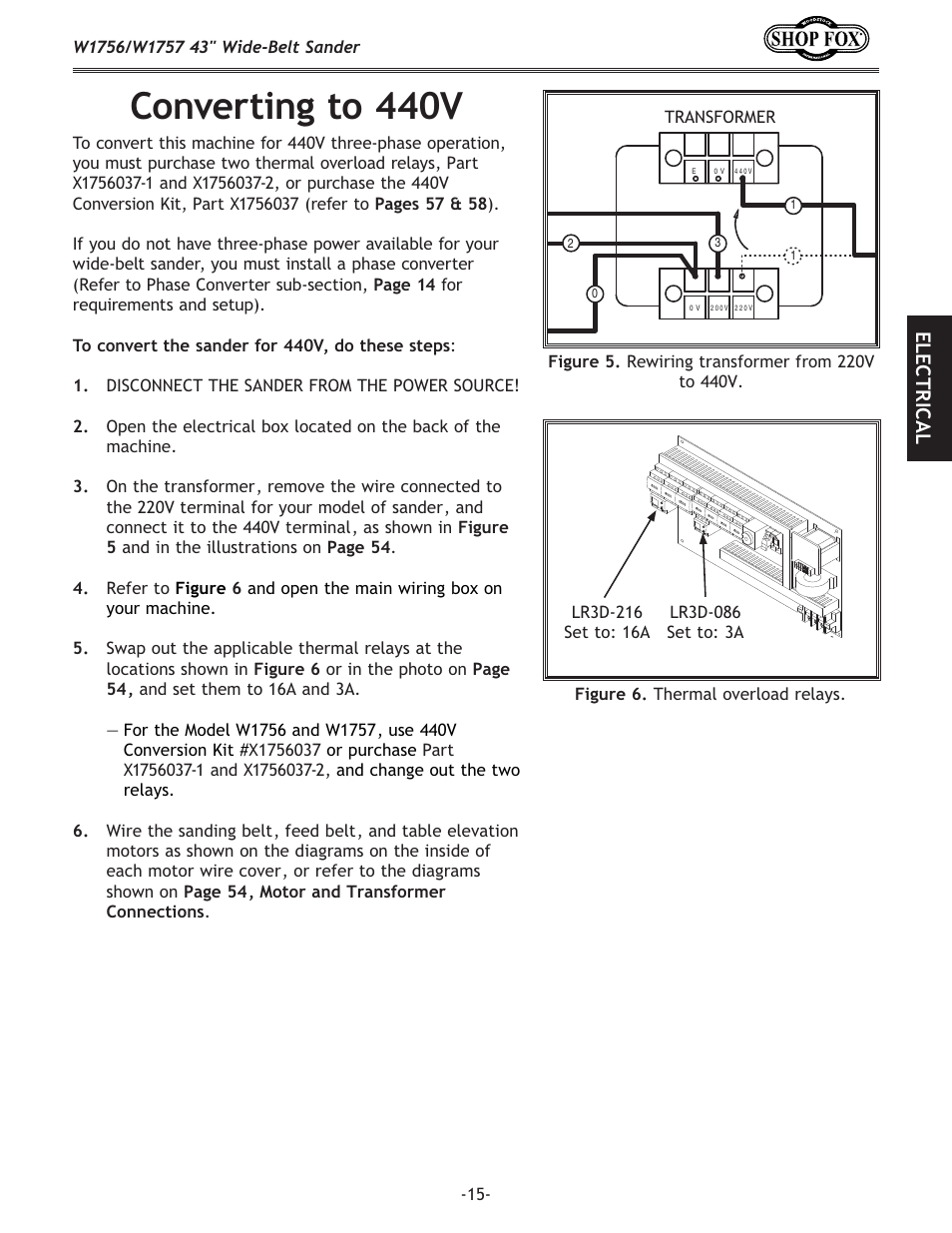 Converting to 440v, El ec tr ic a l | Woodstock SHOP FOX W1756 User Manual | Page 17 / 84