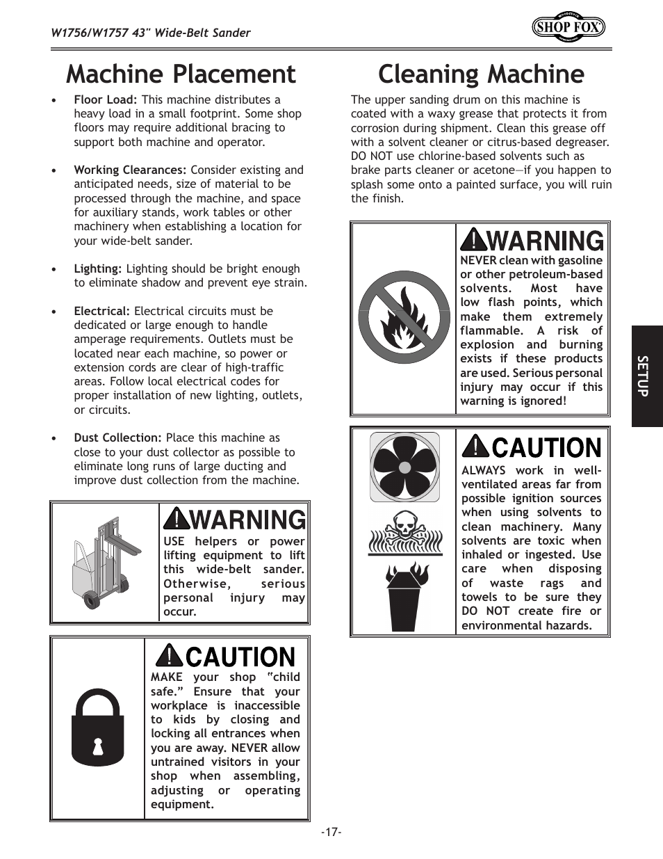 Cleaning machine, Machine placement | Woodstock SHOP FOX W1756 User Manual | Page 19 / 84