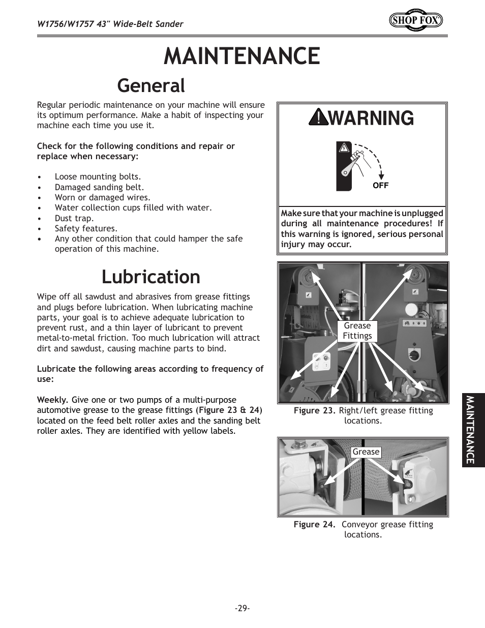 Maintenance, Lubrication, General | Woodstock SHOP FOX W1756 User Manual | Page 31 / 84