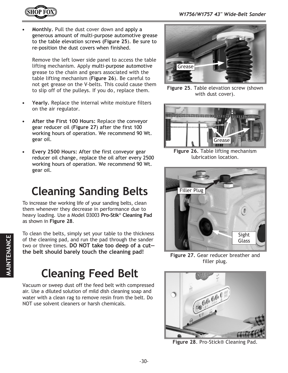 Cleaning sanding belts, Cleaning feed belt | Woodstock SHOP FOX W1756 User Manual | Page 32 / 84