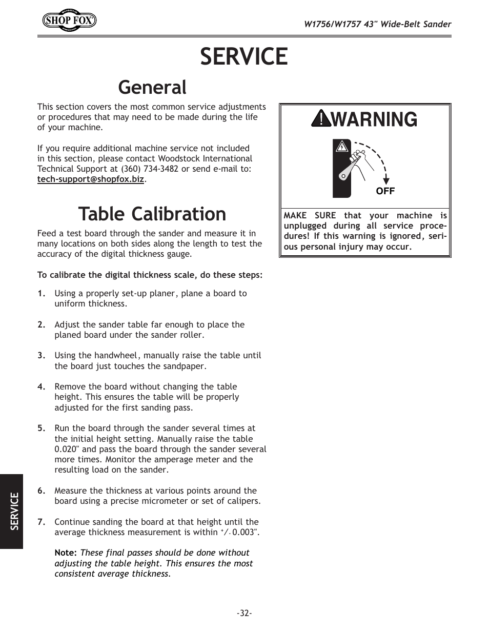 Service, General, Table calibration | Woodstock SHOP FOX W1756 User Manual | Page 34 / 84