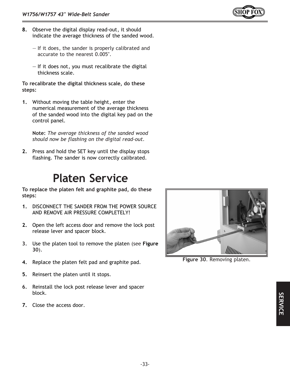 Platen service | Woodstock SHOP FOX W1756 User Manual | Page 35 / 84